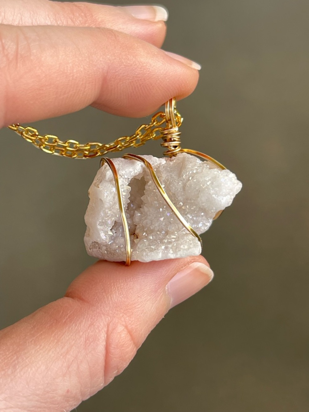 White Druzy Agate Wire Wrap Necklace Stainless Steel Gold Plated Chain Handmade